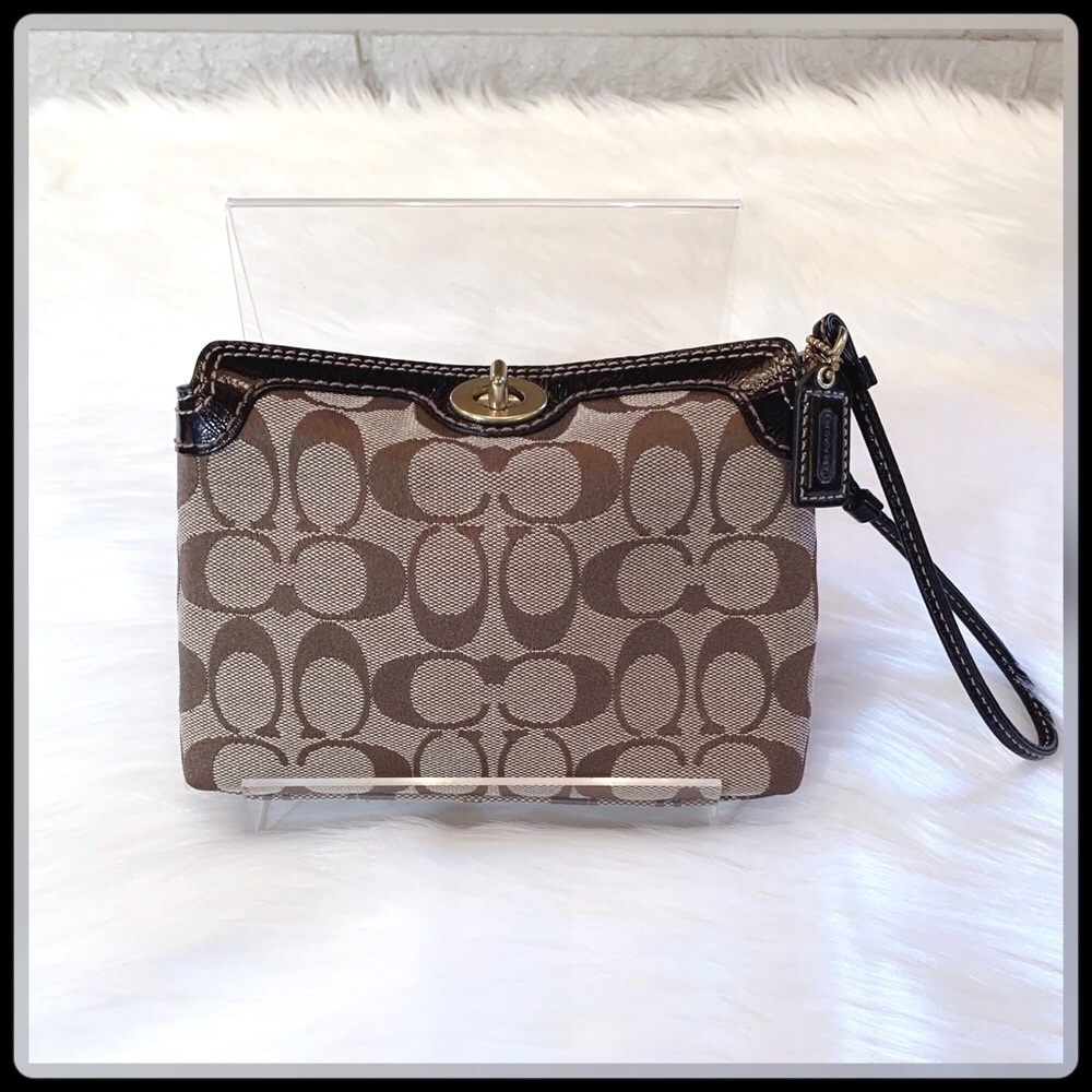 COACH DARK Brown & Khaki Signature C Canvas Wristlet Pouch Bag